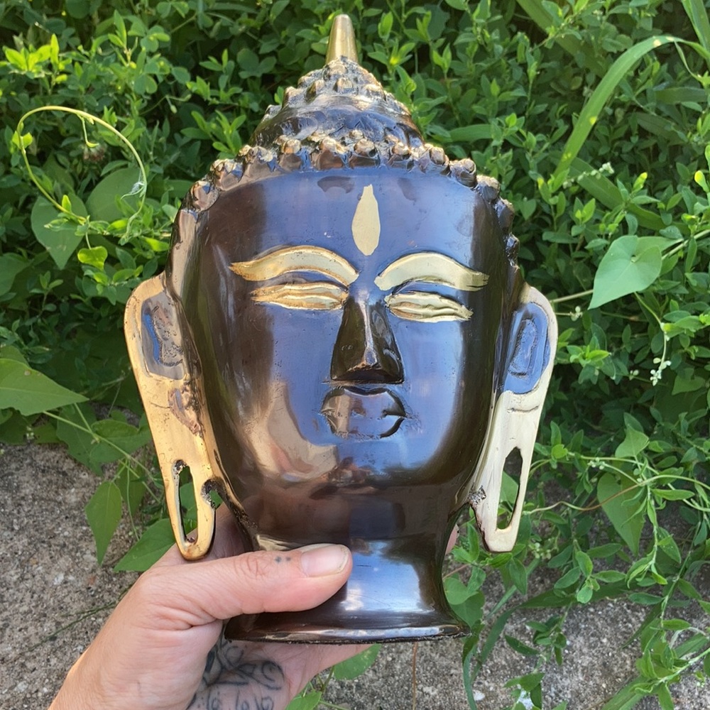 Vintage Lacquered brass Buddha head : made in INDIA